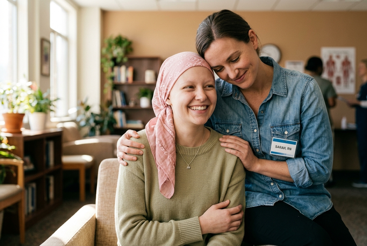 Cancer patient and caregiver smiling with hope